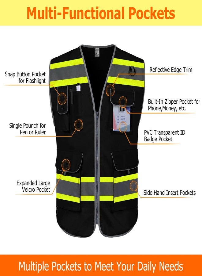 TCCFCCT Hi Vis Vest 9 Pockets High Visibility Reflective Safety Vest for Men Women, Construction Work Vest with Fluorescent Yellow Extend Edge, Durable to Use, Meets ANSI/ISEA, (DB-Black, Medium) - Image 3